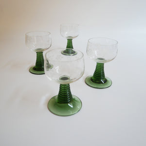 1970s VINTAGE SET OF 4 GREEN STEMMED WINE GLASSES