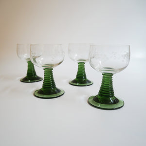 1970s VINTAGE SET OF 4 GREEN STEMMED WINE GLASSES