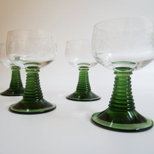 1970s VINTAGE SET OF 4 GREEN STEMMED WINE GLASSES