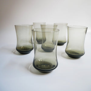 1970s VINTAGE SET OF 6 GREY SMOKED  DRINKING  GLASSES