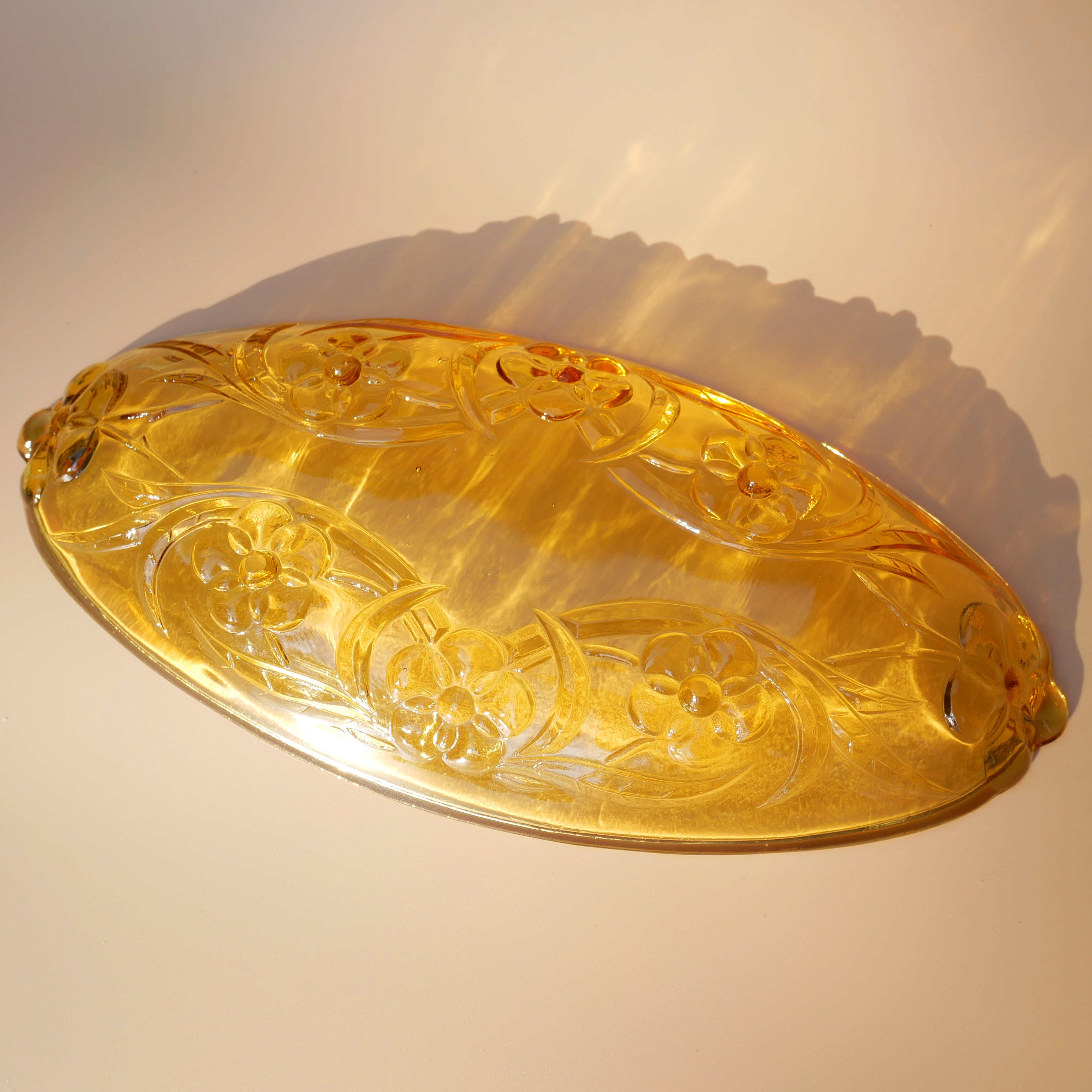 AMBER OVAL FLORAL FORMED GLASS SERVING DISH
