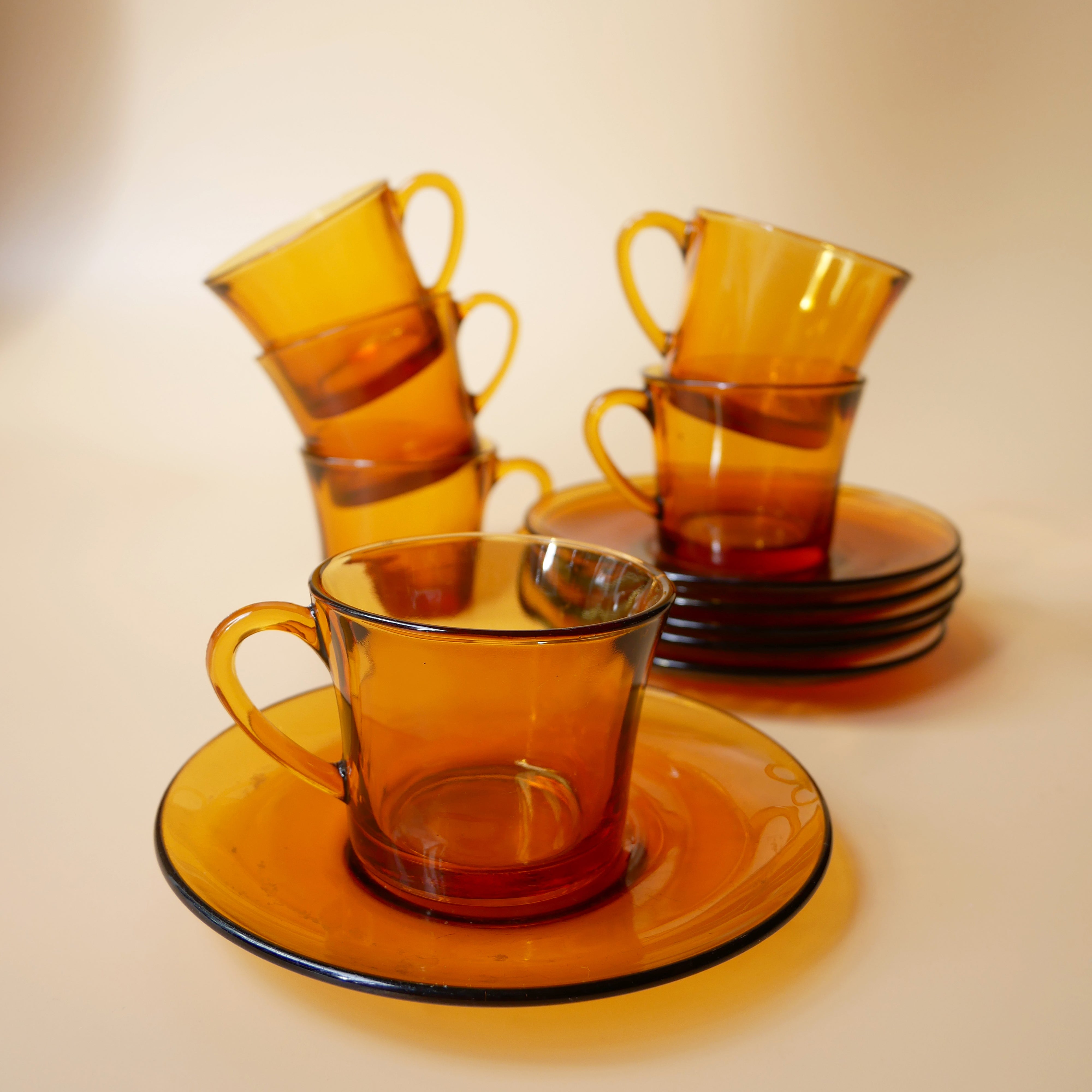 Six Amber Glass Espresso Cups With Metal Handles Faceted Gold