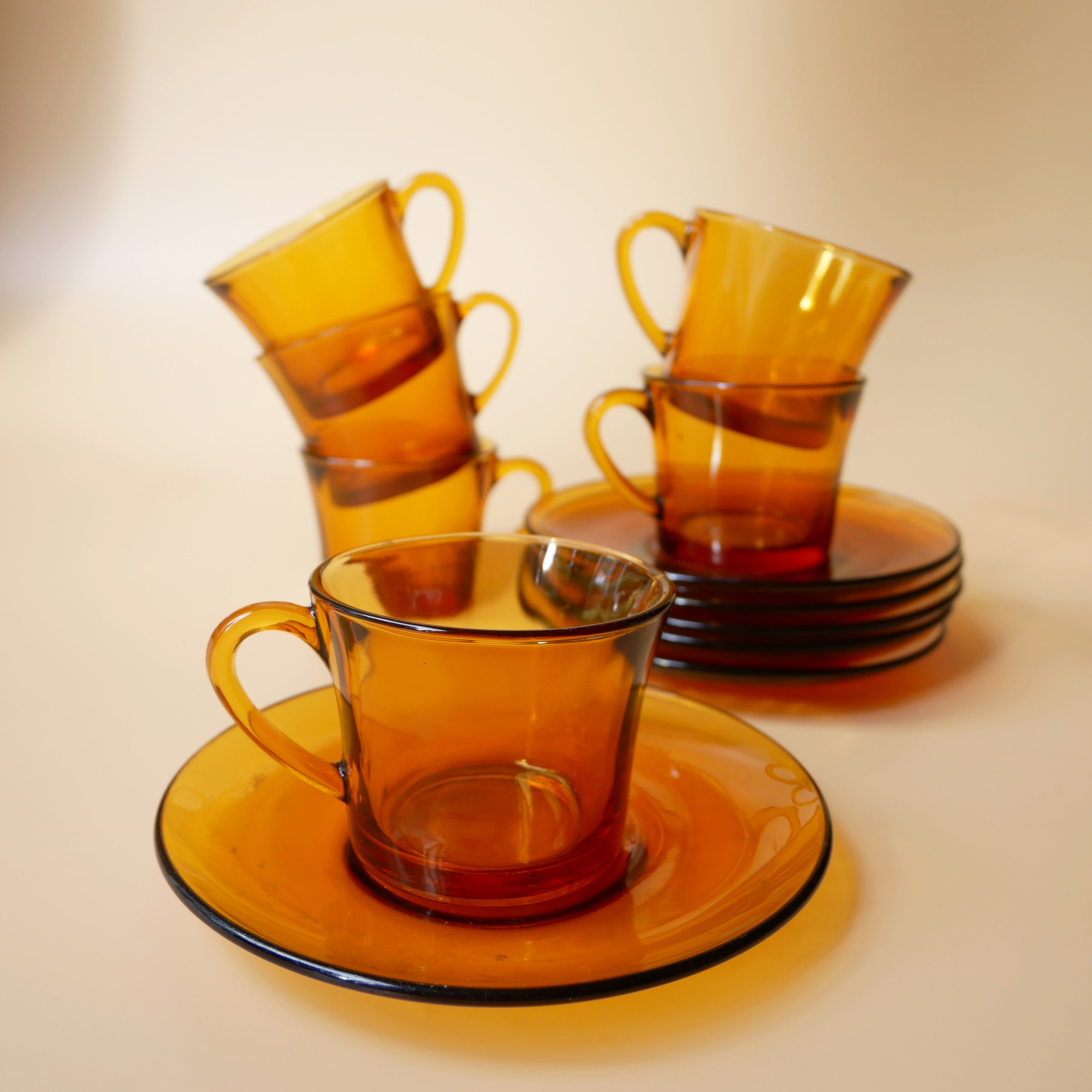 1970s FRENCH SET OF 6 AMBER GLASS ESPRESSO CUP AND SAUCER