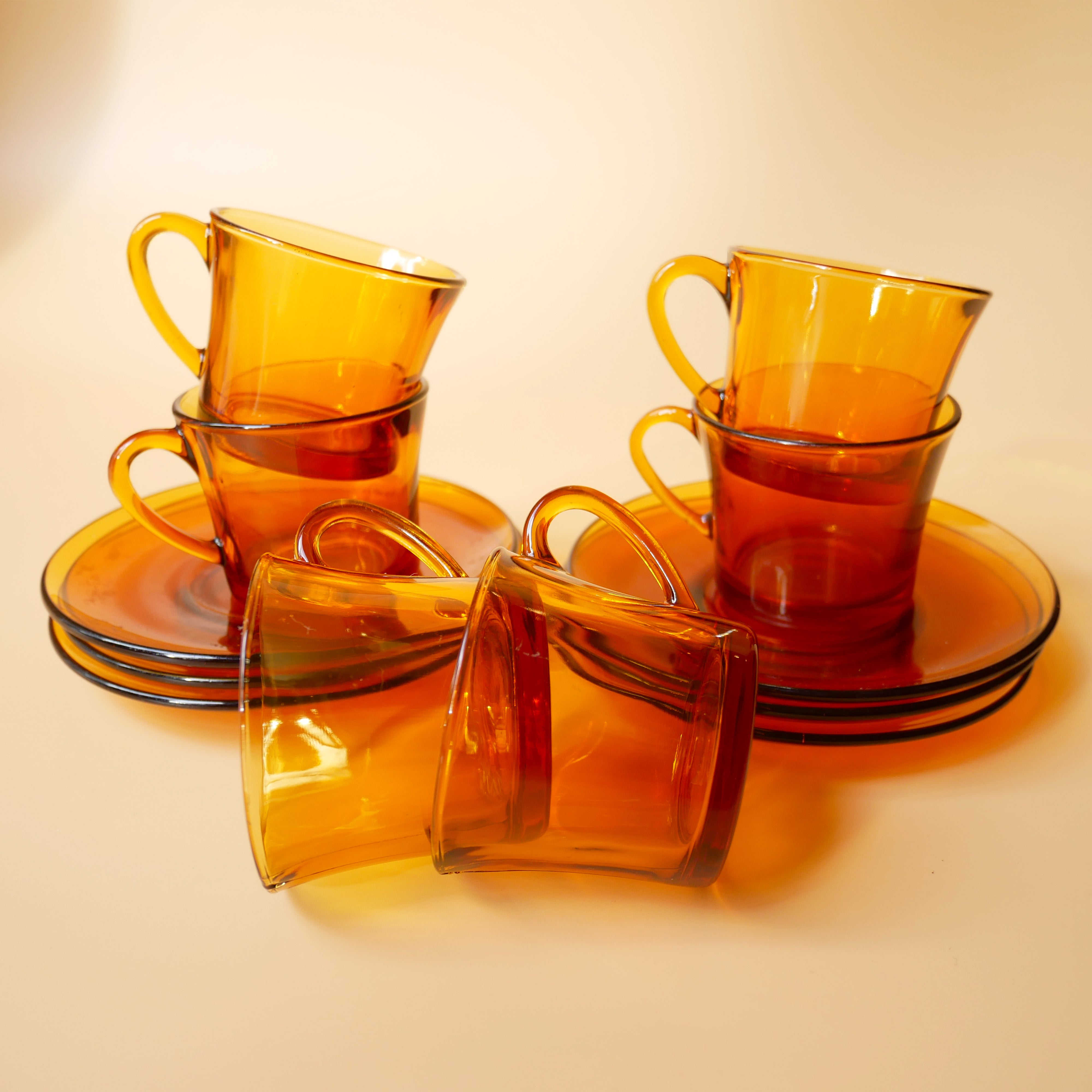 1970s FRENCH SET OF 6 AMBER GLASS ESPRESSO CUP AND SAUCER