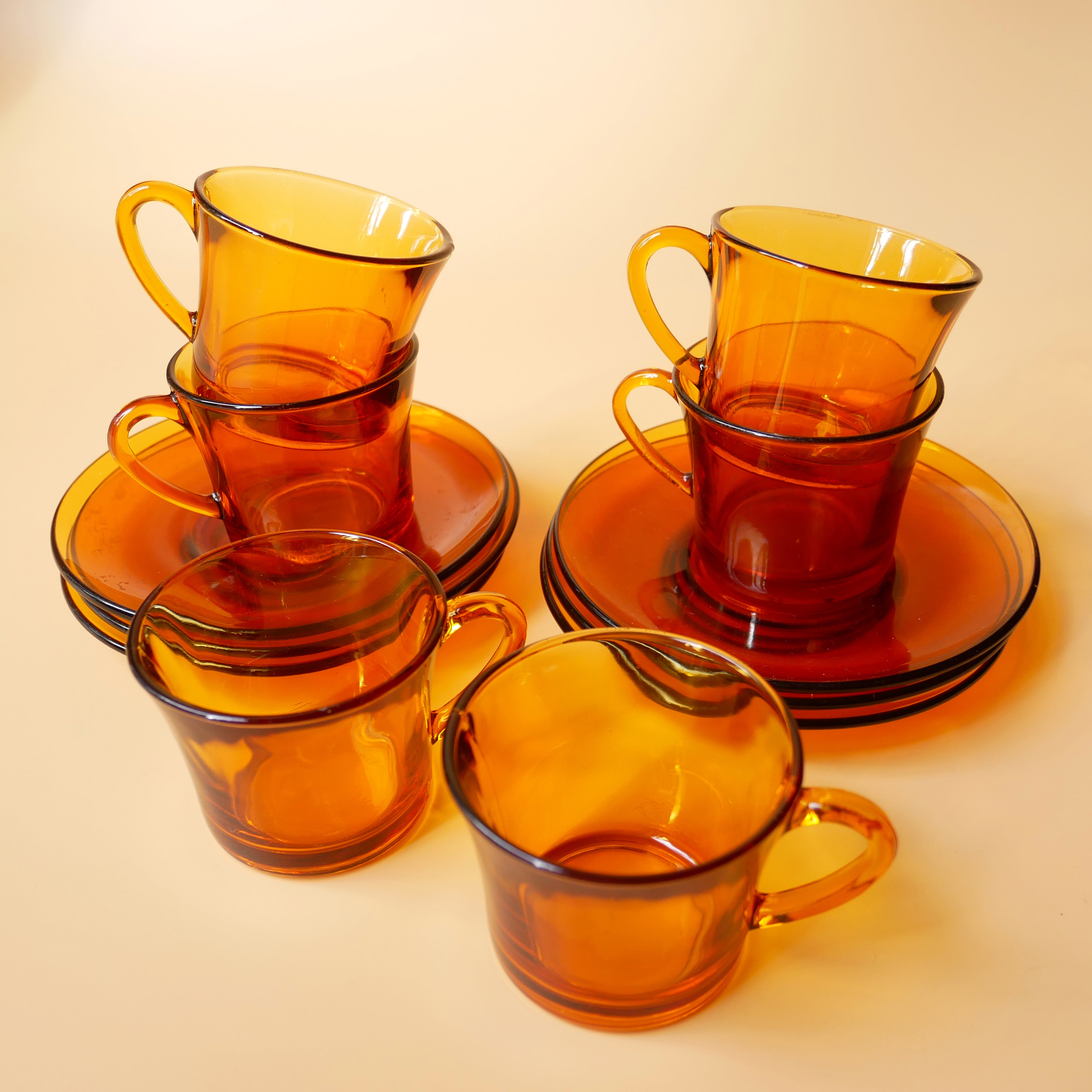 1970s FRENCH SET OF 6 AMBER GLASS ESPRESSO CUP AND SAUCER