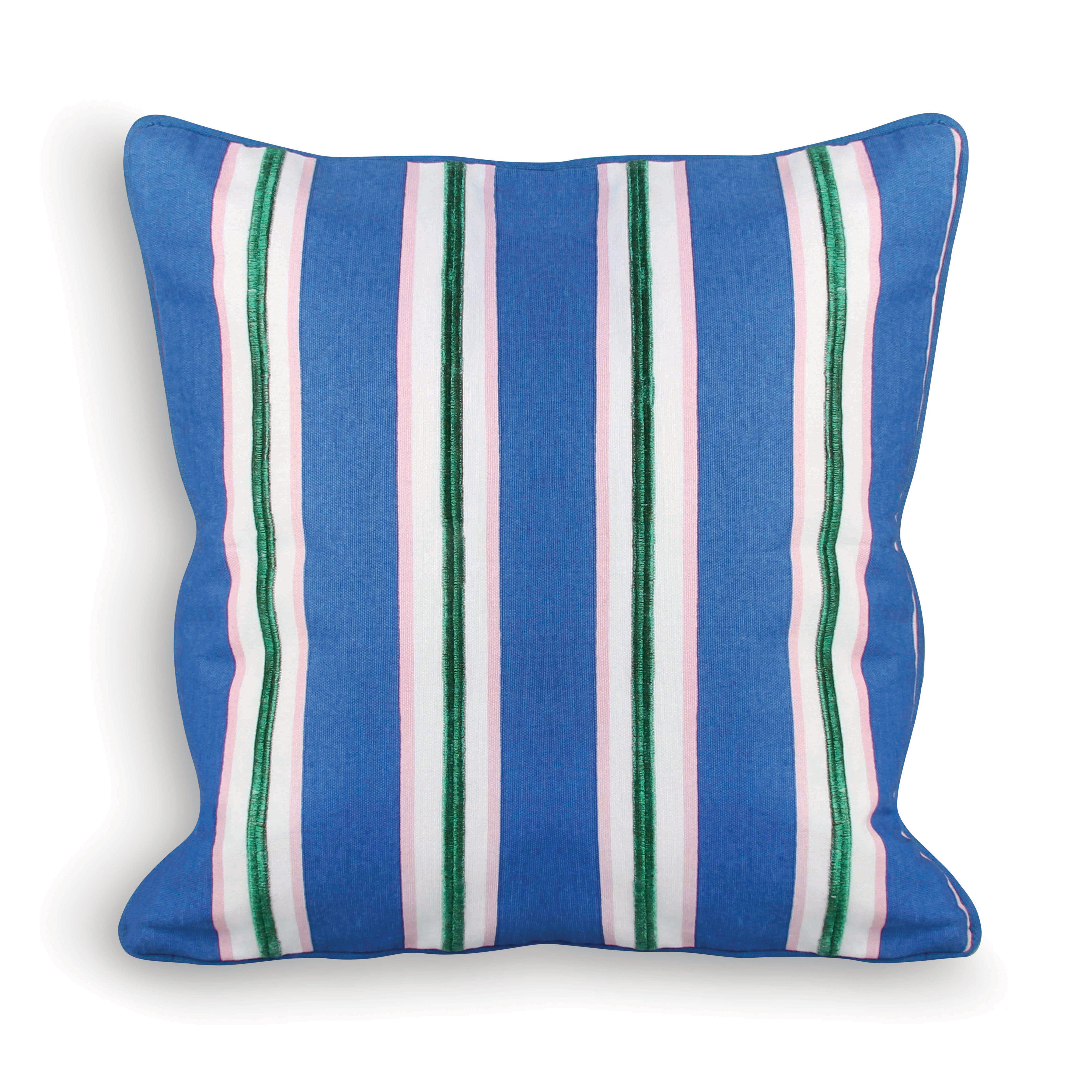 BLUE PRINTED & EMBROIDERED STRIPED CUSHION