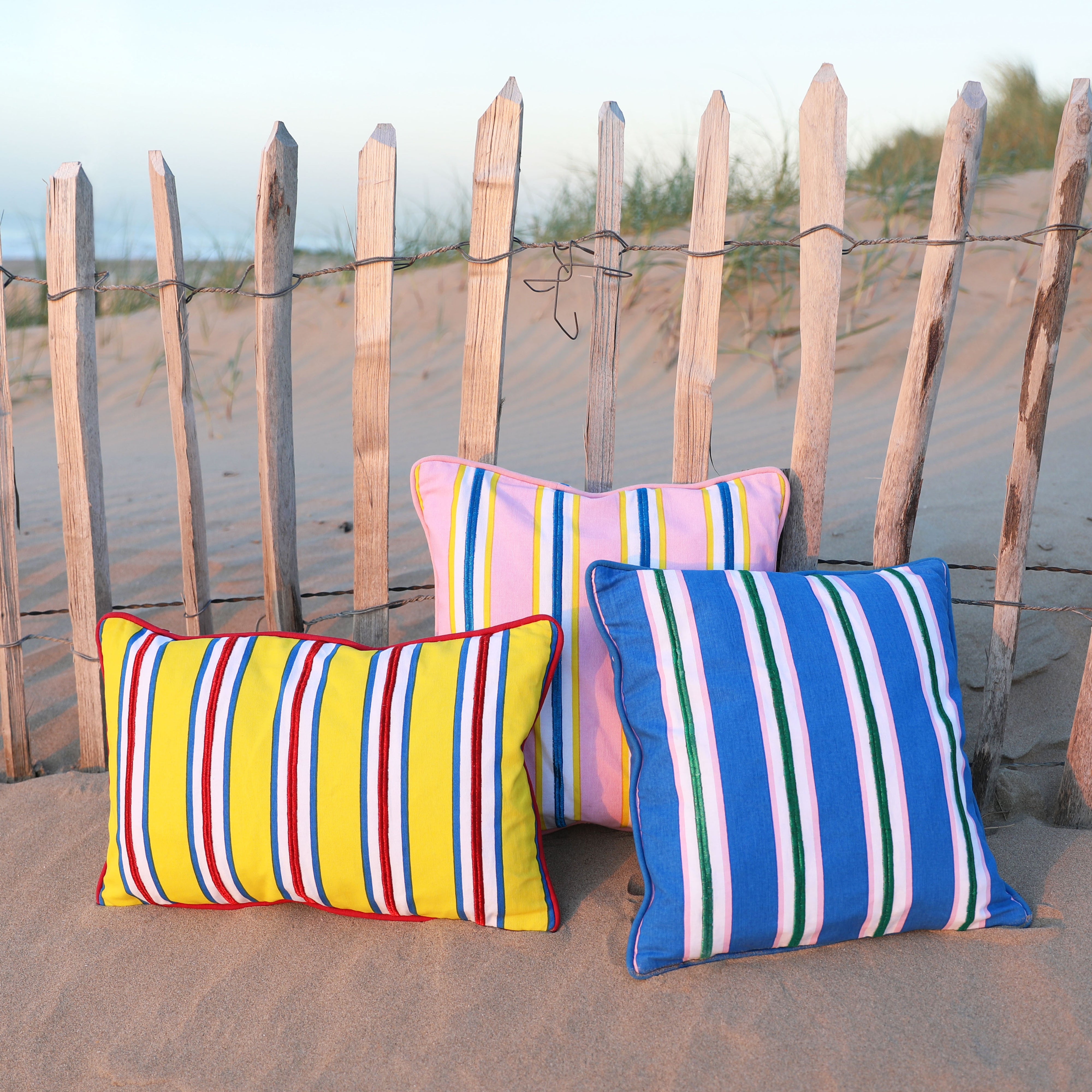 BLUE PRINTED & EMBROIDERED STRIPED CUSHION