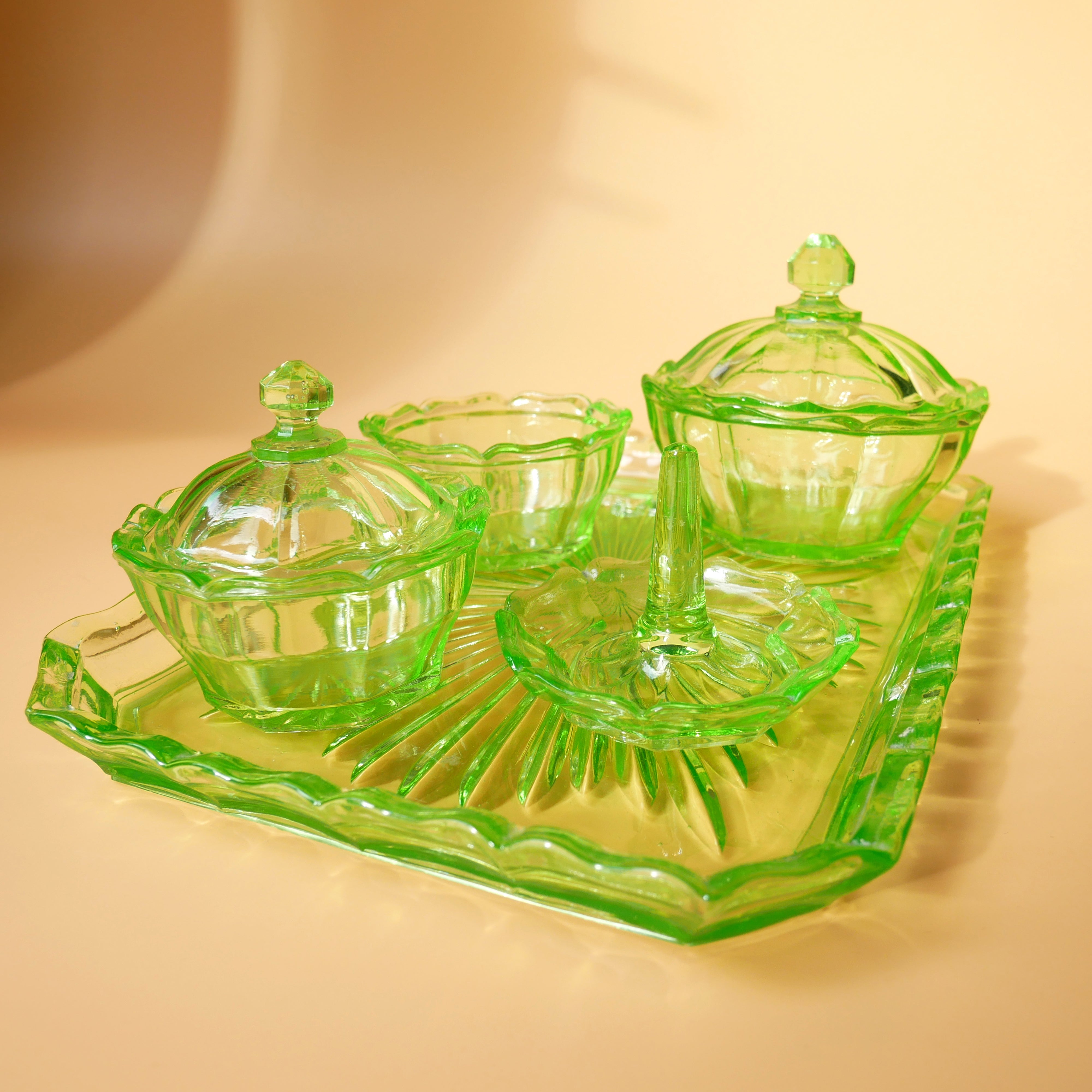 5 PIECE GREEN GLASS DRESSING TABLE SET NUWE ROAM 5 PIECE GREEN GLASS DRESSING TABLE SET NUWE ROAM