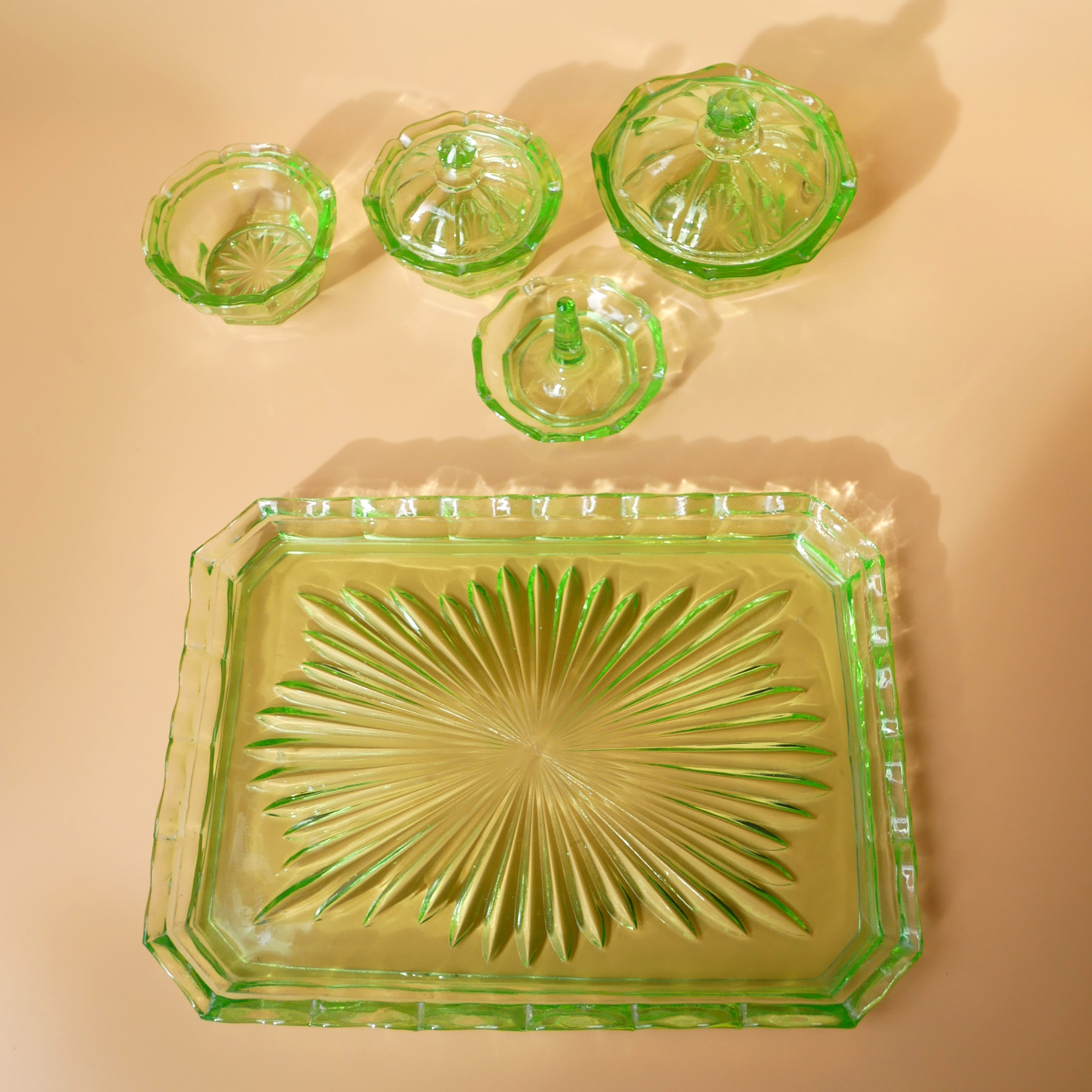 5 PIECE GREEN GLASS DRESSING TABLE SET NUWE ROAM 5 PIECE GREEN GLASS DRESSING TABLE SET NUWE ROAM