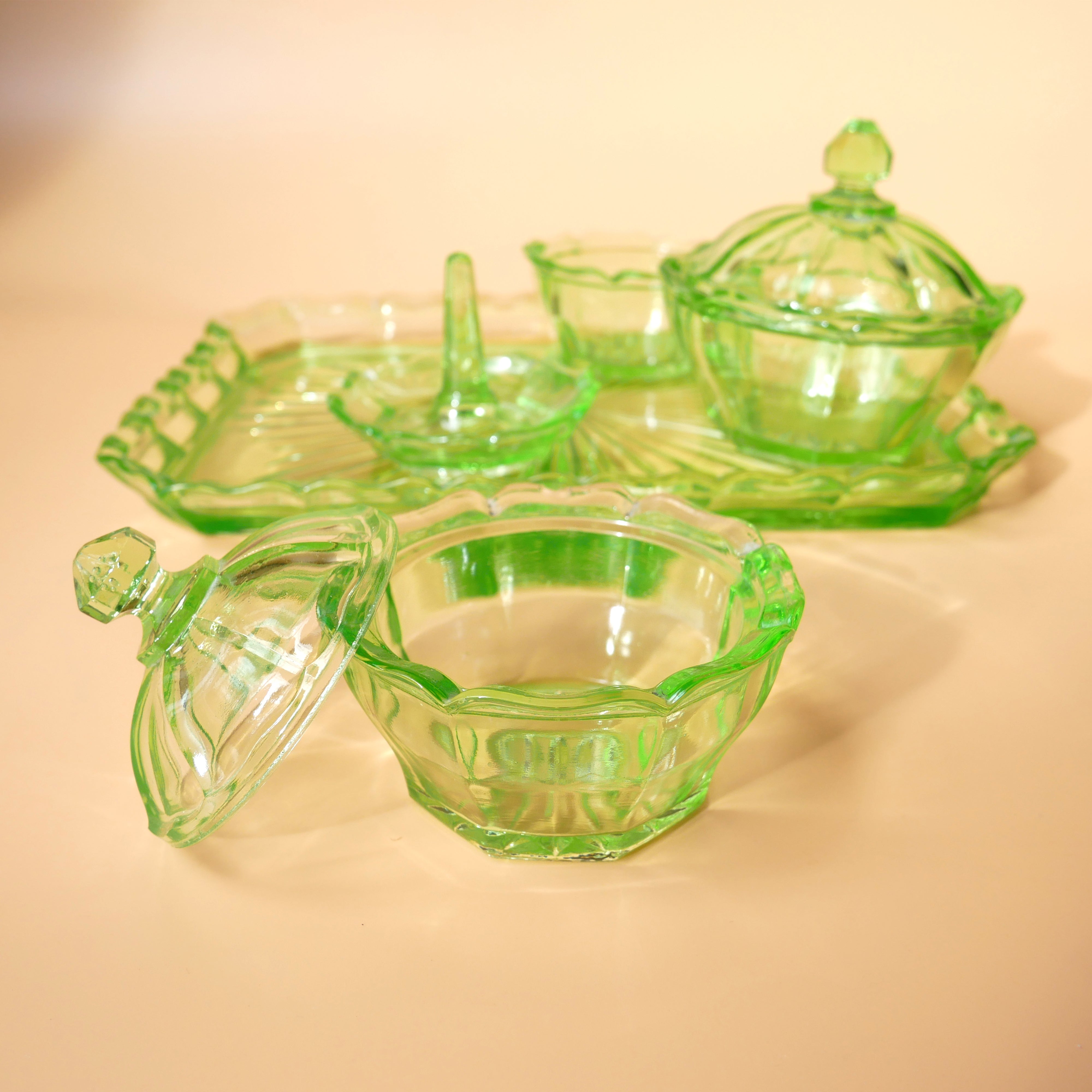 5 PIECE GREEN GLASS DRESSING TABLE SET