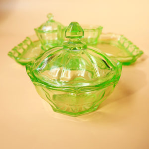 5 PIECE GREEN GLASS DRESSING TABLE SET