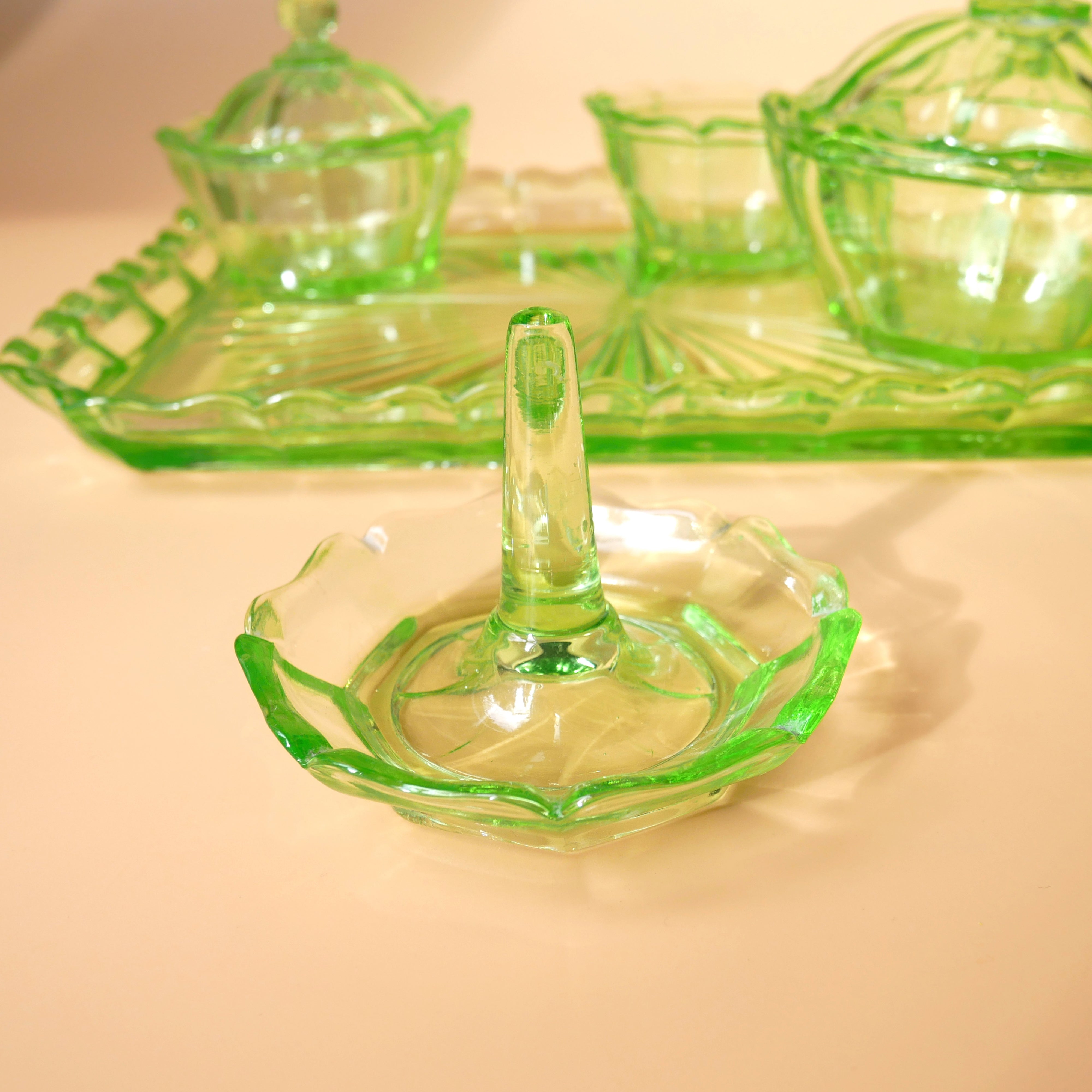 5 PIECE GREEN GLASS DRESSING TABLE SET NUWE ROAM 5 PIECE GREEN GLASS DRESSING TABLE SET NUWE ROAM