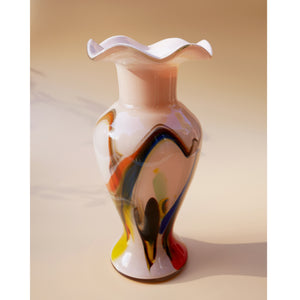 MULTICOLOURED MARBLE PINK FLUTED EDGE VASE