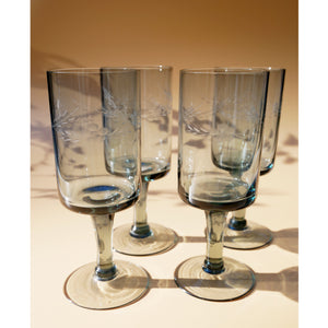 SET OF 4 NAVY SMOKED ETCHED WINE GLASSES