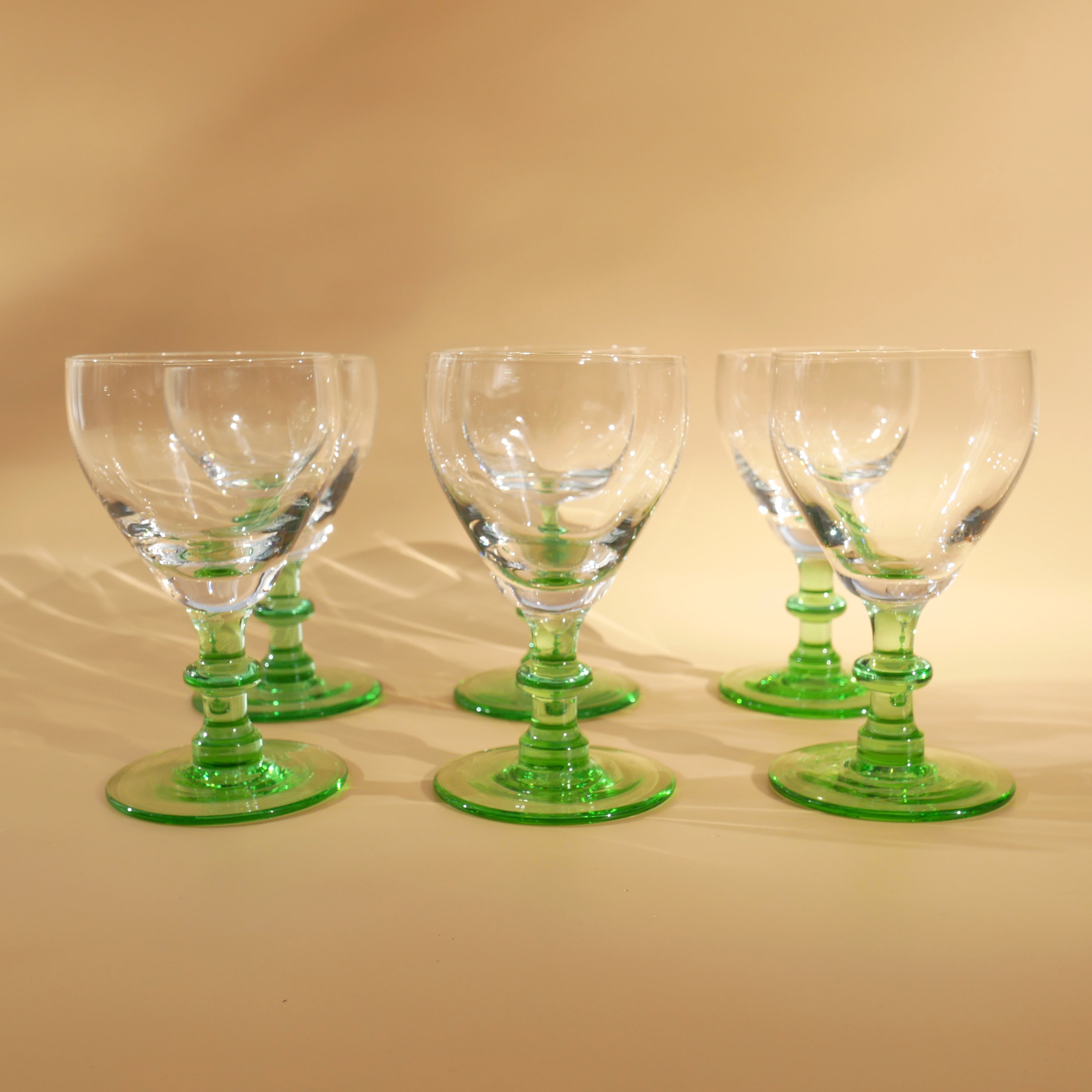 SET OF 6 VINTAGE GREEN STEMMED SHERRY GLASSES