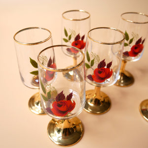 VINTAGE SET OF 6 HAND PAINTED AND GOLD TRIMMED GLASSES