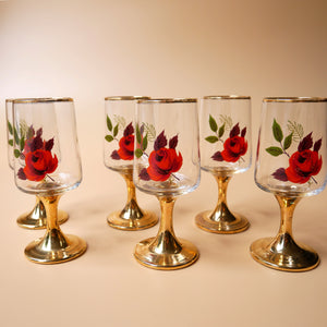 VINTAGE SET OF 6 HAND PAINTED AND GOLD TRIMMED GLASSES