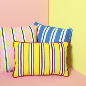 BLUE PRINTED & EMBROIDERED STRIPED CUSHION